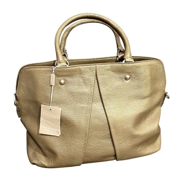 PULICATI Italian Leather Hand Bag Crossbody Champagne Gold & Black NWT - Picture 1 of 12